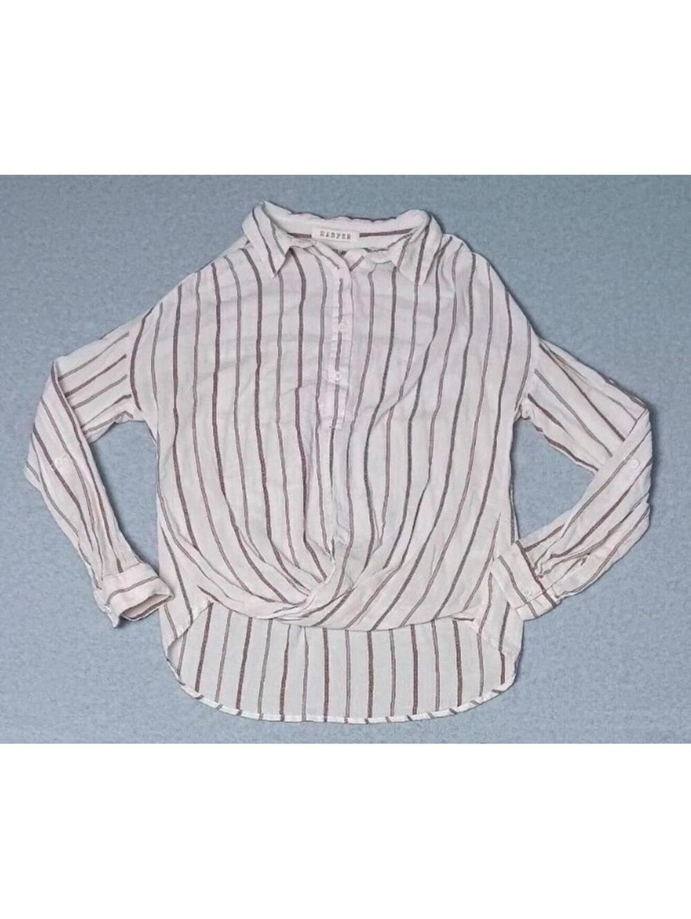 Harper Long Sleeve Partial Button Up Womens Size XXS White Stripesnknot Front...